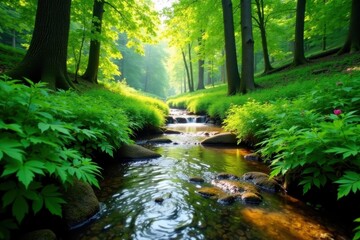 Obraz premium Gurgling brook through ferns, sunlight filters through canopy, water, clear, leaves