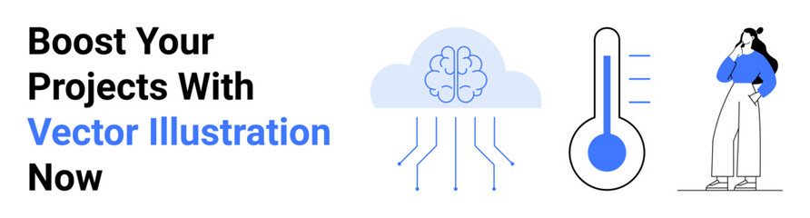 Cloud with AI brain and circuits, thermometer symbol, person posing confidently. Ideal for innovation, AI technology, creative solutions, health, data analytics, education flat landing page banner