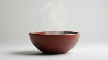 Red bowl filled with steaming hot food on a wooden table with a blurred background