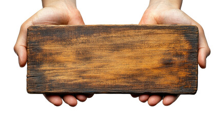 Wooden Plank in Hands: The rough texture of an aged wooden plank is cradled gently between two hands, offering a tactile and evocative feel. It captures the essence of simplicity. 