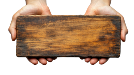 Wooden Plank in Hands: The rough texture of an aged wooden plank is cradled gently between two hands, offering a tactile and evocative feel. It captures the essence of simplicity. 
