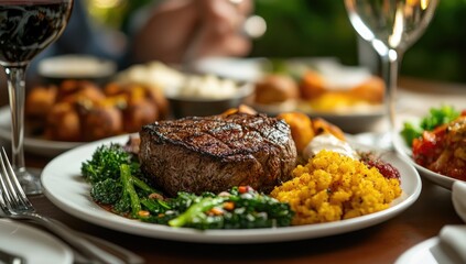 Gourmet steak dinner outdoors, wine, side dishes
