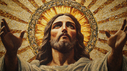 A highly detailed religious mosaic artwork, capturing the essence of faith through expressive eyes and delicately crafted hand gestures, harmonious blend of warm and muted colors