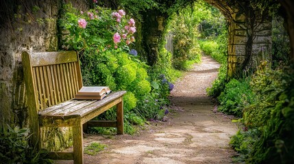 Serene Garden Path with Bench and Open Book