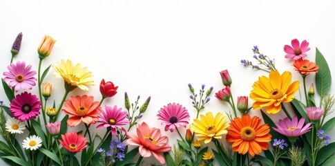 Lush wildflower arrangement, assorted colors, clean white space, floral design, flowers