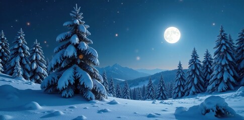 Moon and star illuminate snow-covered winter forest tree, branch, frosty, evergreen