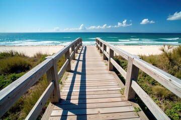 Fototapeta premium A Scenic Wooden Walkway Leading to a Serene Beach on a Clear Day, Highlighting the Beauty of Coastal Nature and Uninterrupted Ocean Views