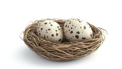 Obraz premium Spotted eggs in nest, white background, still life