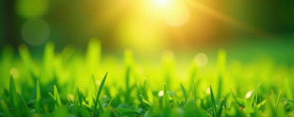 Fototapeta premium Sunlit green grass bokeh background, soft focus , texture, landscape, green