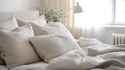 Neutral toned bedding and pillows create a calm bedroom scene