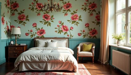 Vintage style bedroom with floral wallpaper, empty room concept, interior, design, decor