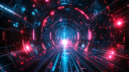 Obraz premium Abstract futuristic tunnel with glowing neon lines and geometric shapes leading to a bright center
