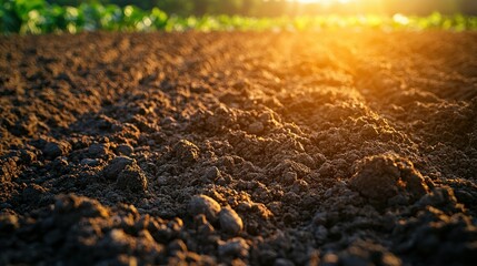 Brown plowed field rows at sunset. Farming background for agriculture industry use