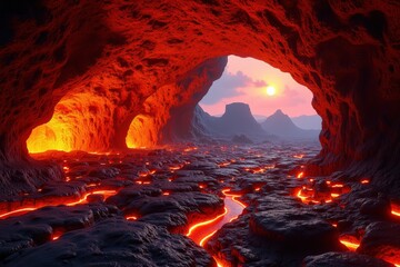 A Majestic Lava Cave at Sunset: Volcanic Rock Formations and Flowing Magma Under a Dramatic Sky in an Erupting Landscape