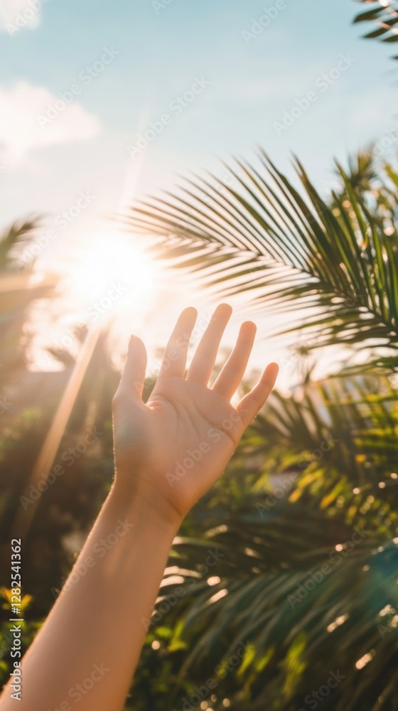 Poster hand reaching out toward the sun shining through palm leaves in a tropical setting during the late a