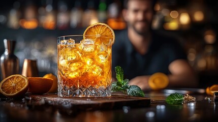 Bartender prepares refreshing cocktail drink at bar, offering great service
