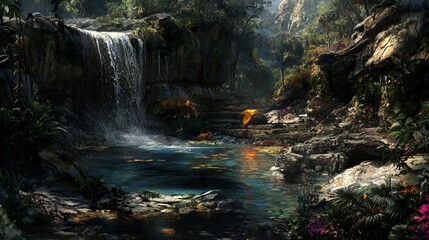 Fototapeta premium Lush Forest Waterfall Landscape With Sunlight and Pool