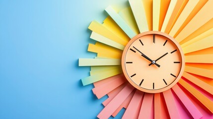 Colorful Clock Against Bright Paper Rays on Blue Background