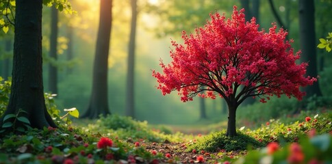 Barberry tree in forest with blooming flowers, plant, trees