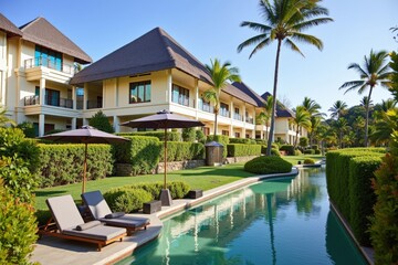 Fototapeta premium Luxurious Tropical Resort Amidst Lush Greenery with Inviting Pool, Palm Trees, and Upscale Accommodation for Relaxation and Leisure Travel in a Serene Environment