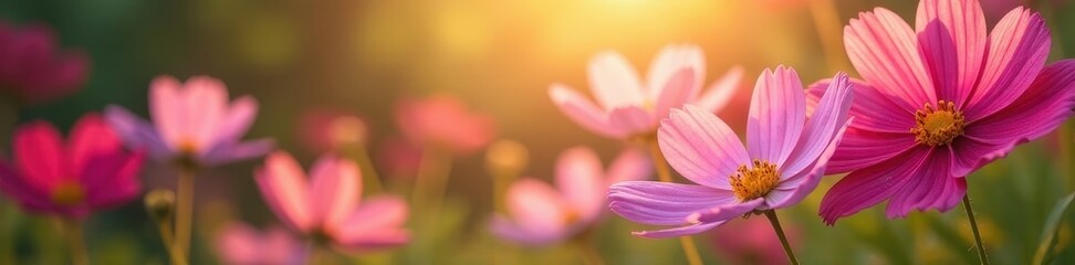 Fototapeta premium Cosmos flowers in full bloom, sunlight on petals , light, botany, pink