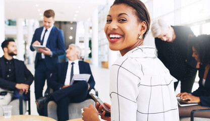 Leadership, portrait and woman in meeting, happy and confident for brainstorming with colleagues....