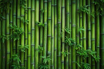 Fototapeta premium Bamboo background with copy space, texture of a bamboo fence wall in a forest for design. Green nature pattern with space to add text or a message. Stock photo. 