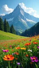 Wildflower meadow, towering mountain backdrop, vibrant colors , serene, vista, picture