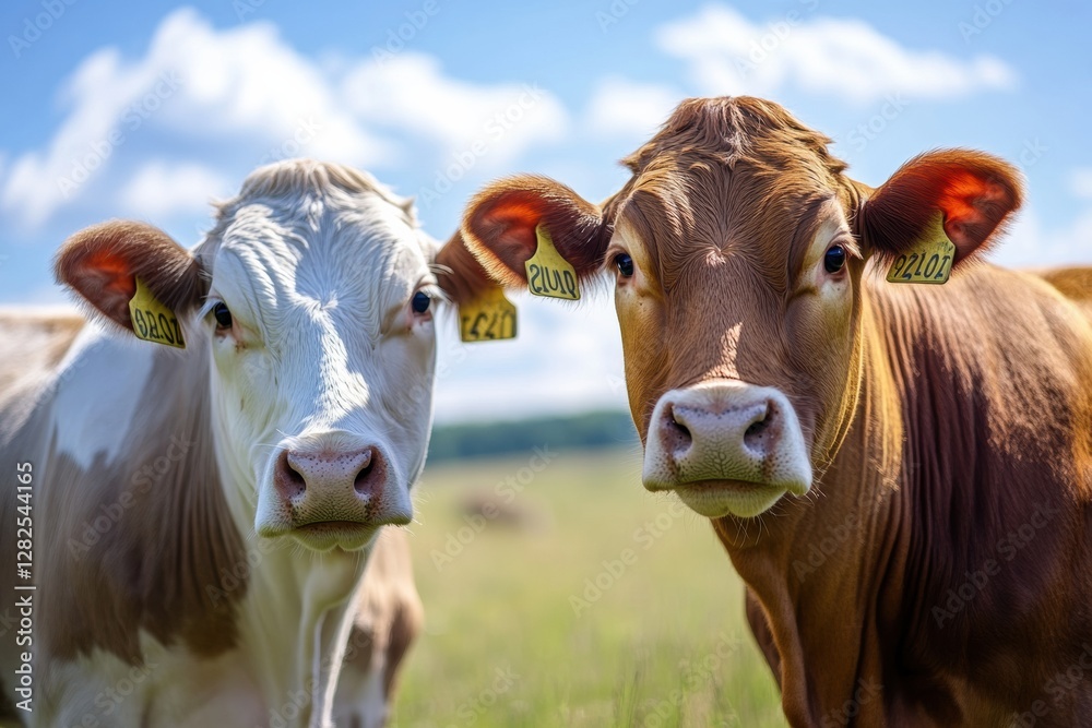 Poster cows grazing in a sunny field with blue sky and fluffy white clouds during a pleasant afternoon. gen