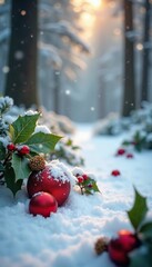 Snow-covered forest floor with Christmas decorations balls and acorns, holly, holiday season, christmas