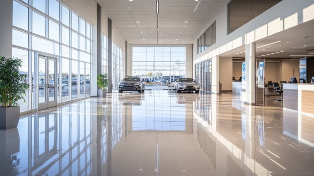 An empty dealership showroom with spacious open layout and large windows. Featuring clean lines and polished floors