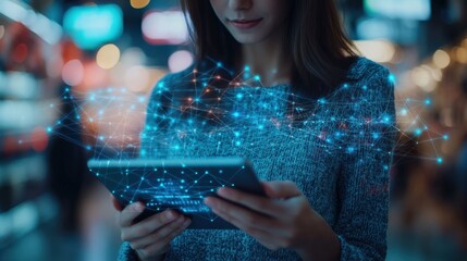 Young Adult Female Using Digital Tablet in a Modern Retail Environment Surrounded by Technology and Data Visualization Elements