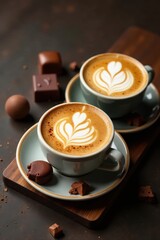 Two cappuccinos, assorted chocolates, aerial view , indulgence, milk, cafe