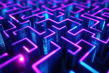 Obraz premium Abstract neon maze, digital city, glowing paths, technology background