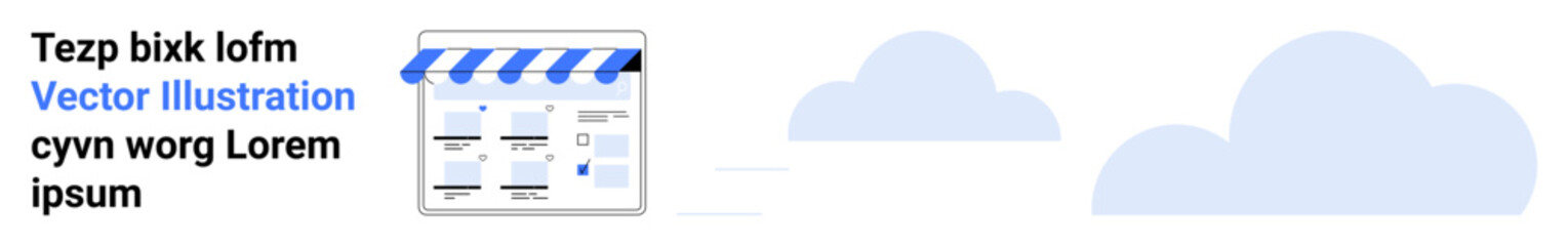 Online storefront with striped awning above website interface elements, accompanied by floating clouds. Ideal for E-commerce, web design, online business, digital marketing, cloud technology