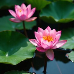 Zen-like image of beautiful water lilies in bloom with green leaves, aquatic plants, landscape