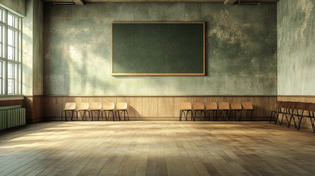Empty Classroom with Wooden Floor and Green Chalkboard Wall