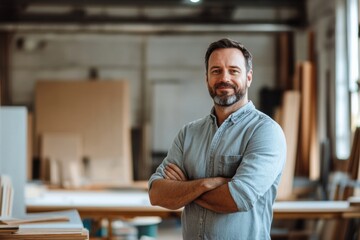 Skilled carpenter stands proudly in workshop surrounded by wood materials and tools during daylight hours. Generative AI
