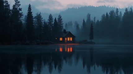 Obraz premium Illuminated Cabin on a Misty Lake in a Dark Forest