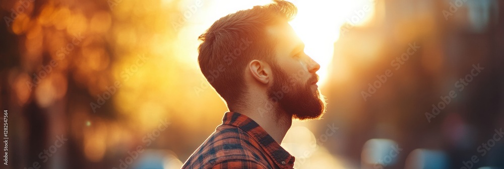 Aufkleber observing a sunset during golden hour in an urban environment with a man in profile silhouette. gene