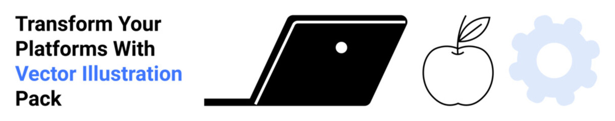 Laptop silhouette, apple, and gear represent technology, wellness, and productivity. Ideal for digital tools, work-life balance, education, innovation health tech minimalism abstract line flat