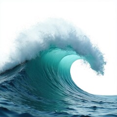 Large ocean turquoise wave curl with white foam spray. Powerful sea water tide rushes, crashes. Coastal nature background. Transparent ocean liquid motion abstract. Marine energy, aqua surfing.