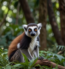 Obraz premium A Heartwarming Moment: Lemur Carrying Baby in Lush Tropical Forest Surrounded by Exotic Flora and Natural Beauty, Showcasing the Bond Between Mother and Offspring in Wildlife Photography See Less Ai g