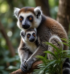 Obraz premium A Heartwarming Moment: Lemur Carrying Baby in Lush Tropical Forest Surrounded by Exotic Flora and Natural Beauty, Showcasing the Bond Between Mother and Offspring in Wildlife Photography See Less Ai g