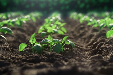 Fototapeta premium Plants growing in rows of soil