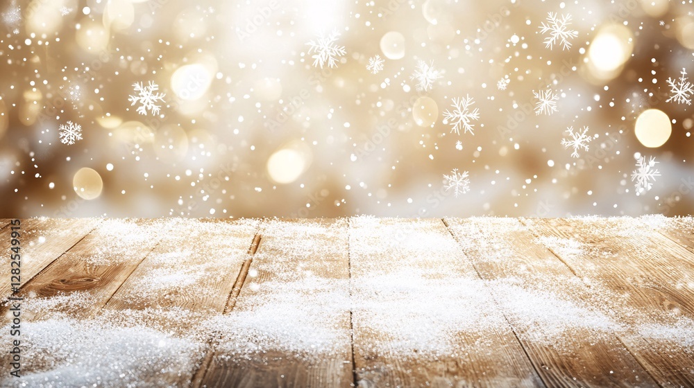 Poster snow falling on wooden table with golden bokeh lights and snowflakes background for christmas