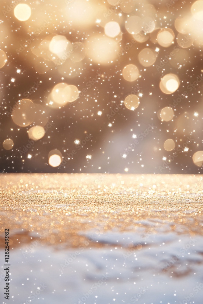 Poster golden glittering christmas background with falling snowflakes and bokeh lights