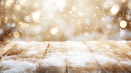Snow falling on wooden table with golden bokeh lights and snowflakes background for christmas