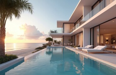 Fototapeta premium Luxury modern white beach hotel with swimming pool at sunset. Sunbeds on sundeck for vacation home. Luxurious infinity pool reflects sky, ocean. Palm trees, terrace invite to private recreation,