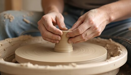 Potter hands shape clay on spinning wheel. Close-up of handcrafting ceramic product, sculpting. Skillful artisan creates handmade pottery. Traditional art, creativity, craftsmanship demonstration on